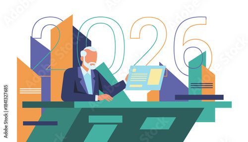 Senior executive presenting data for the year 2026 forecast and future business planning