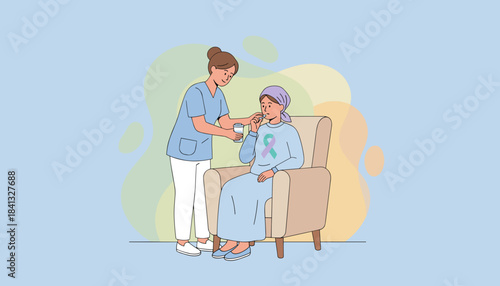 Caregiver gives medication to cancer patient wearing an awareness ribbon Medical support illustration