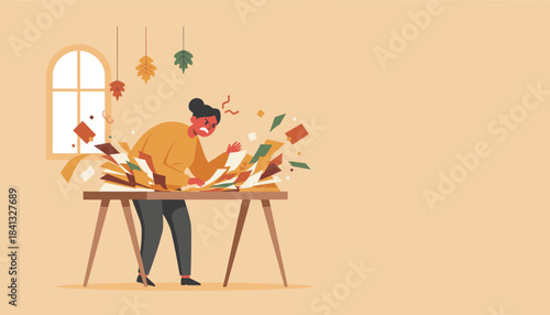 Frustrated woman overwhelmed by a massive pile of documents and paperwork on her office desk