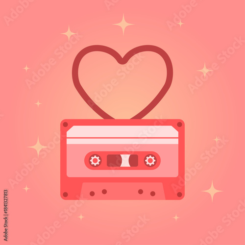 Valentine cassette tape illustration. Retro tape form. Heart-shaped tape pattern detail. Soft nostalgic color accents. Sparkle elements. Warm valentine themed line.