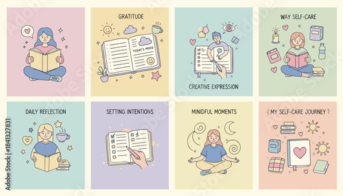 Pastel doodle vector set illustrating selfcare mindfulness reflection and mental health activities