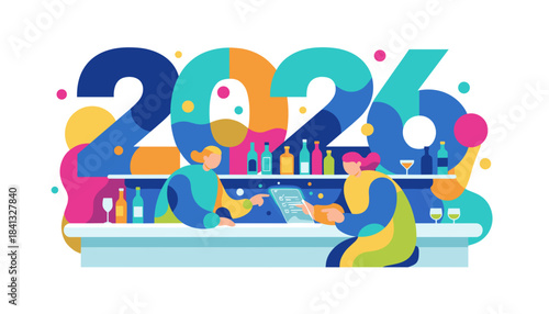 2026 future planning and celebration illustration People at a modern bar using transparent tech screen