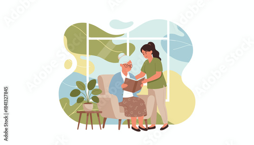 Professional caregiver reading book with happy senior woman in a comfy bright room