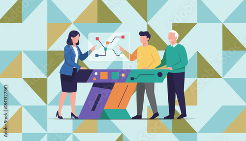 Diverse team analyzing futuristic network data for strategic planning and digital business collaboration