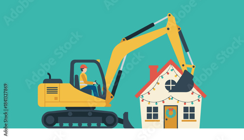 Excavator demolishing festive house Symbolizing construction housing crisis or unexpected holiday costs