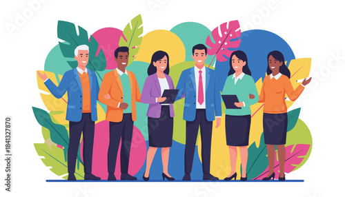 Diverse team of business professionals collaborating happily against a vibrant tropical illustration background