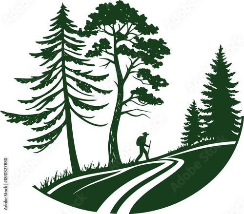 Hiker walking on a path through a dark green forest trees