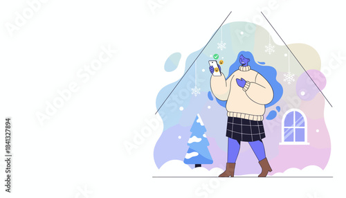 Woman checking phone notifications during winter holidays at home