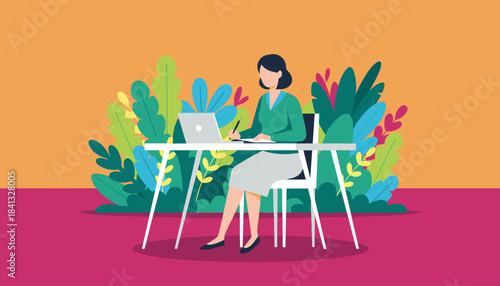 A focused businesswoman works remotely on her laptop in a vibrant stylized natural setting