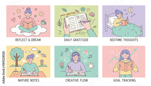 Daily journaling selfcare and mindfulness illustrations for personal growth and emotional wellbeing