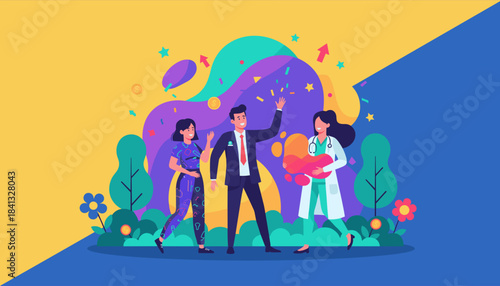 Celebrating business success and health achievement with a diverse team