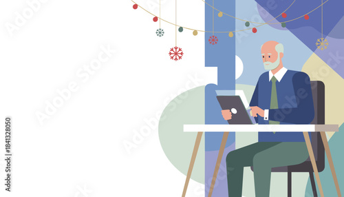 Happy senior man using a tablet at a festive desk Business technology and holiday communication concept