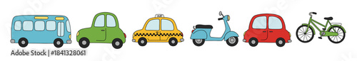 collection of six colorful cartoon vehicles including cars 