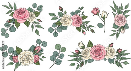 Elegant floral collection featuring delicate pink and white roses with eucalyptus leaves perfect for wedding invitations baby showers and various graphic design projects creating a romantic aesthetic