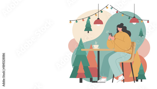 Young woman uses phone while relaxing at a cozy cafe during the holiday season