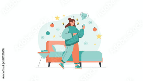 Smart home control Woman gets an idea while using her phone near a bed