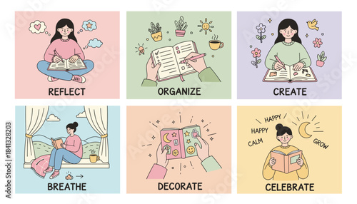 Daily journaling activities reflect organize create breathe decorate and celebrate wellness
