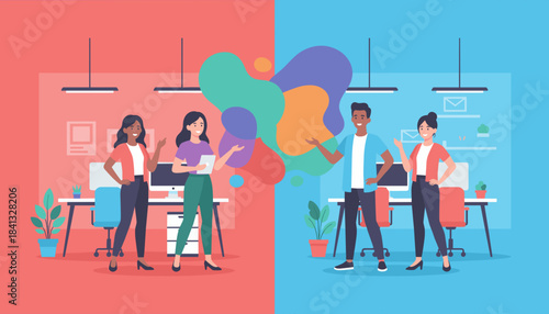 Diverse team collaboration and idea sharing in a modern office Business concept illustration