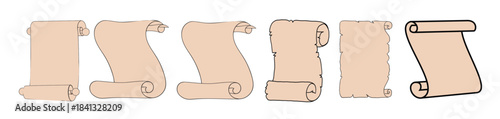 Collection of six different rolled parchment scrolls with varied edges and styles