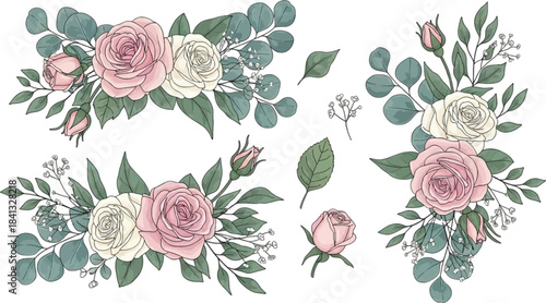 Vintage floral set featuring delicate pink and white roses with eucalyptus leaves baby's breath and other greenery perfect for wedding invitations and romantic designs on transparent background