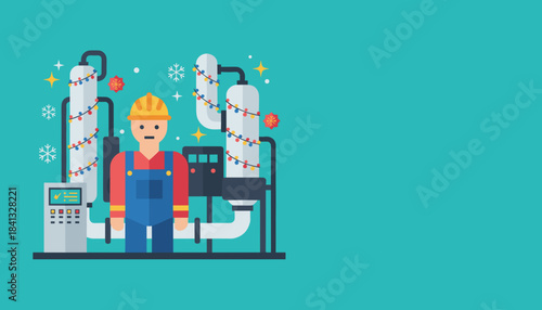 Factory worker celebrating winter holidays at the industrial plant Flat design illustration with copy space