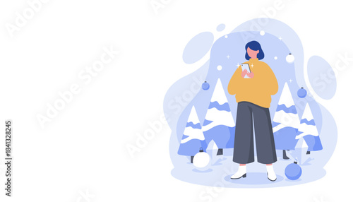 Festive woman checks phone among snowy trees and holiday ornaments