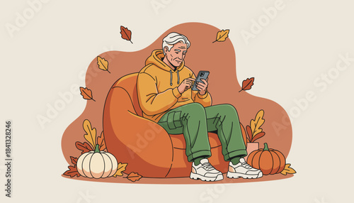 Senior man using smartphone relaxing in cozy autumn setting with pumpkins and falling leaves