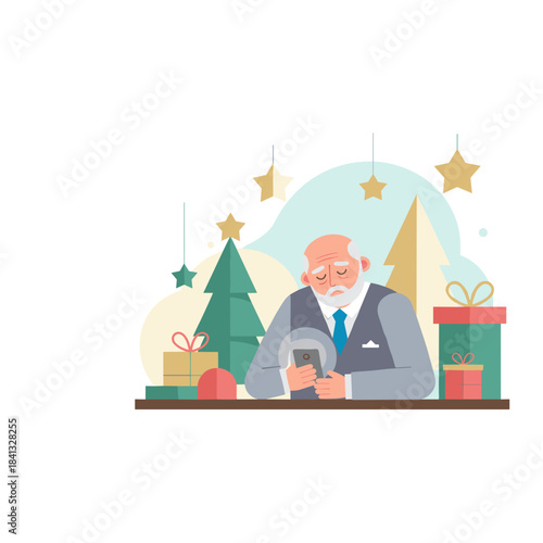 Elderly man sadly checking his phone during Christmas holiday loneliness and digital connection vector