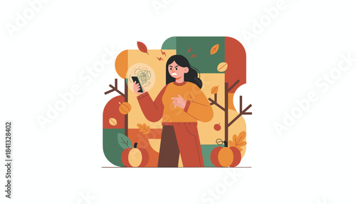 Woman stressed by mobile phone issues surrounded by fall harvest elements