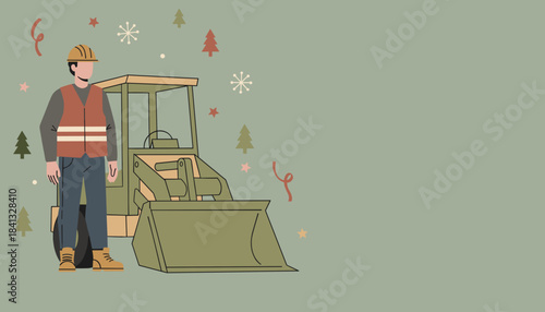 Skilled laborer next to a bulldozer with festive winter holiday decorations