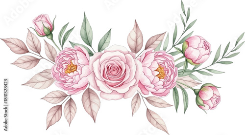 Elegant floral arrangement featuring soft pink roses and peonies with delicate eucalyptus leaves perfect for wedding invitations greeting cards and various graphic design
