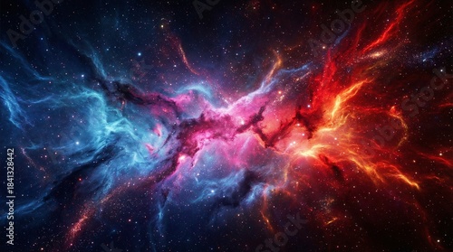 Glowing Deep Blue and Swirling Purple Nebulae: Celestial Cloud of Stars in a Pink and Red Cosmic Sky