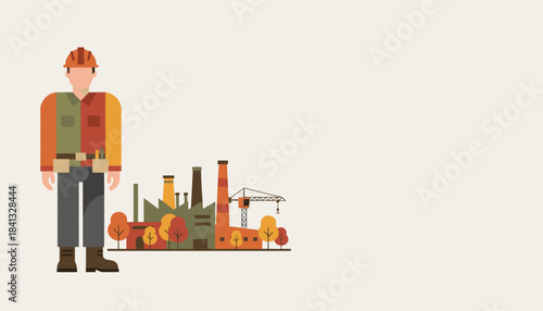 Flat illustration of an industrial plant and a worker Production construction and manufacturing concept