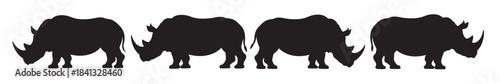 four black silhouette rhinos facing each other on white
