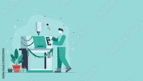 Factory worker operating automated CNC machine decorated for Christmas production Holiday industry concept