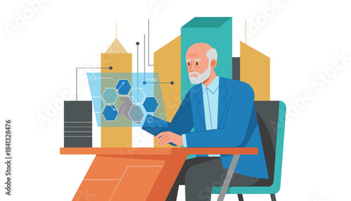 Senior man analyzes complex data on a futuristic holographic screen against a cityscape background