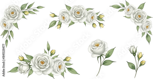 Elegant white rose watercolor compositions collection set with green leaves and yellow buds in various arrangements, perfect for wedding invitations and romantic designs