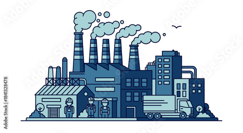 Industrial factory production complex illustration with smokestacks labor and logistics