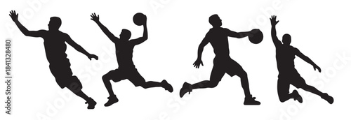  four black silhouettes of basketball players dynamically 