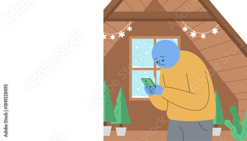 Depressed character uses phone indoors during snowy winter representing holiday isolation or sadness