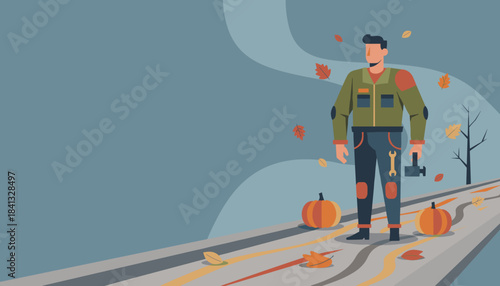 Professional worker holding a hammer on an autumn road with pumpkins and leaves Seasonal service illustration