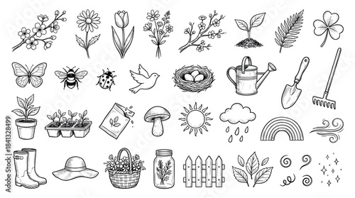 Large collection of hand-drawn spring and gardening icons in a black and white doodle style, featuring flowers, insects, tools, plants, and weather symbols for nature themes