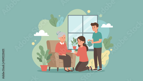 Family caring for elderly grandmother at home showing support love and domestic activity