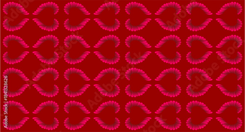 Repeating spirals of vivid pink petals sweep gracefully across a deep red backdrop, forming a rhythmic, decorative tapestry full of motion, elegance, symmetry, and warmth.