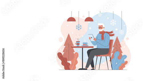 Senior man using tablet in a cozy cafe enjoying coffee and cookies during winter