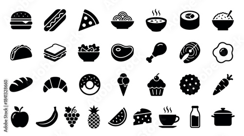Large set of black food icons representing various meals, fast food, fruits, desserts, and drinks in a simple minimalist glyph style for web and mobile applications