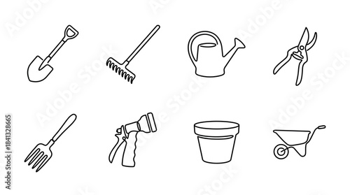 Set of eight gardening tool icons drawn in a minimalist continuous single line art style, including a shovel, rake, watering can, shears, fork, nozzle, pot, and wheelbarrow
