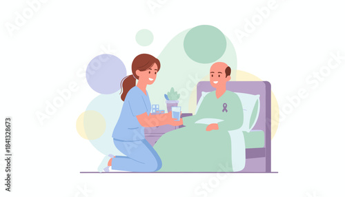 Nurse giving medication to a smiling cancer patient in a hospital bed showing support and care