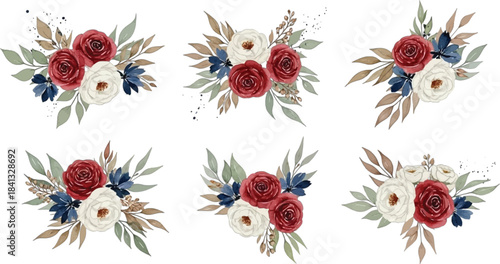Elegant watercolor floral arrangements collection set with red, white, and blue roses, complemented by green leaves and delicate twigs, ideal for patriotic events and rustic wedding designs