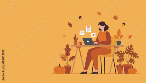 Remote work girl using laptop at autumnthemed desk Fall business productivity illustration